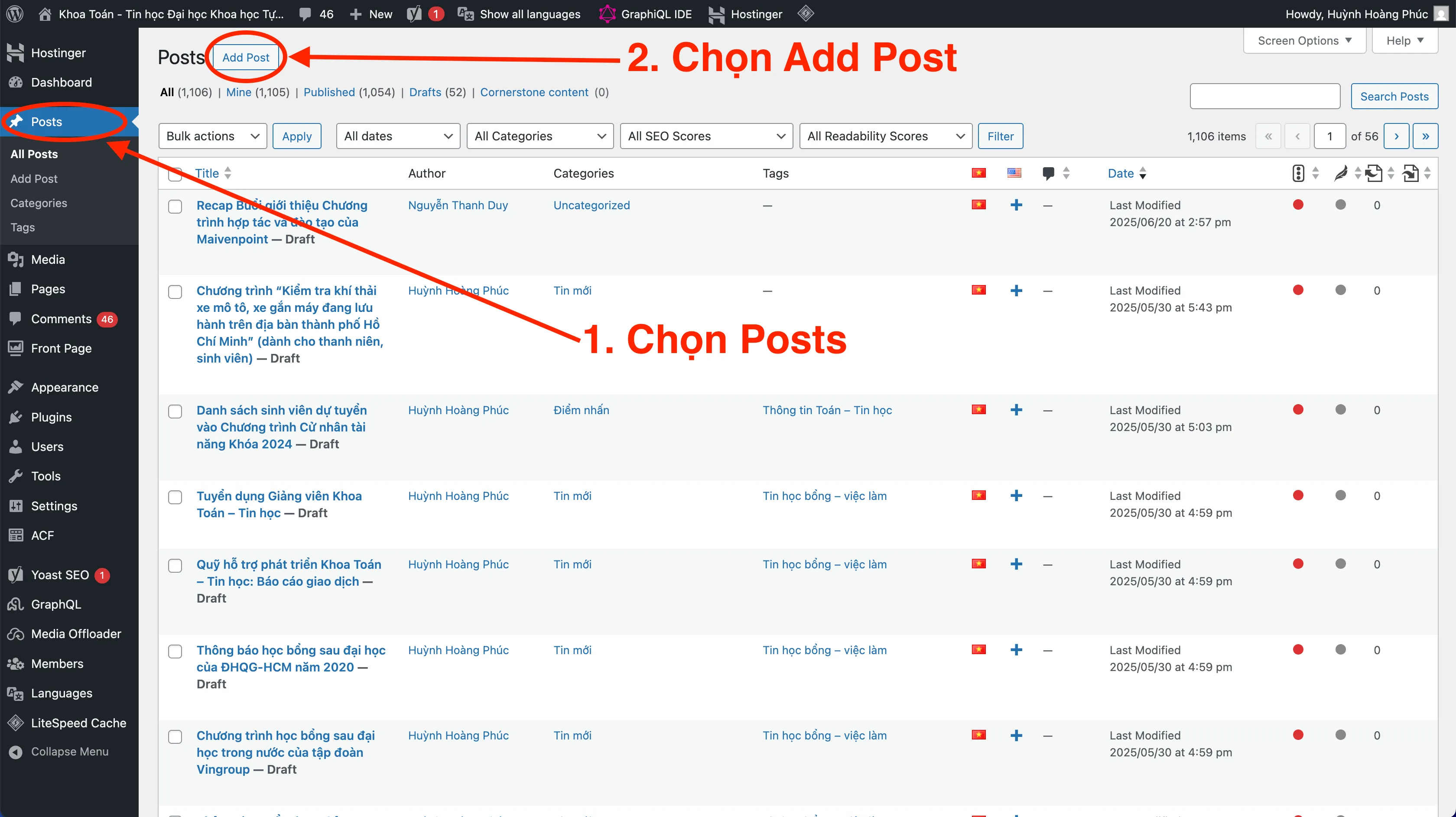 Giao diện quản lý bài viết