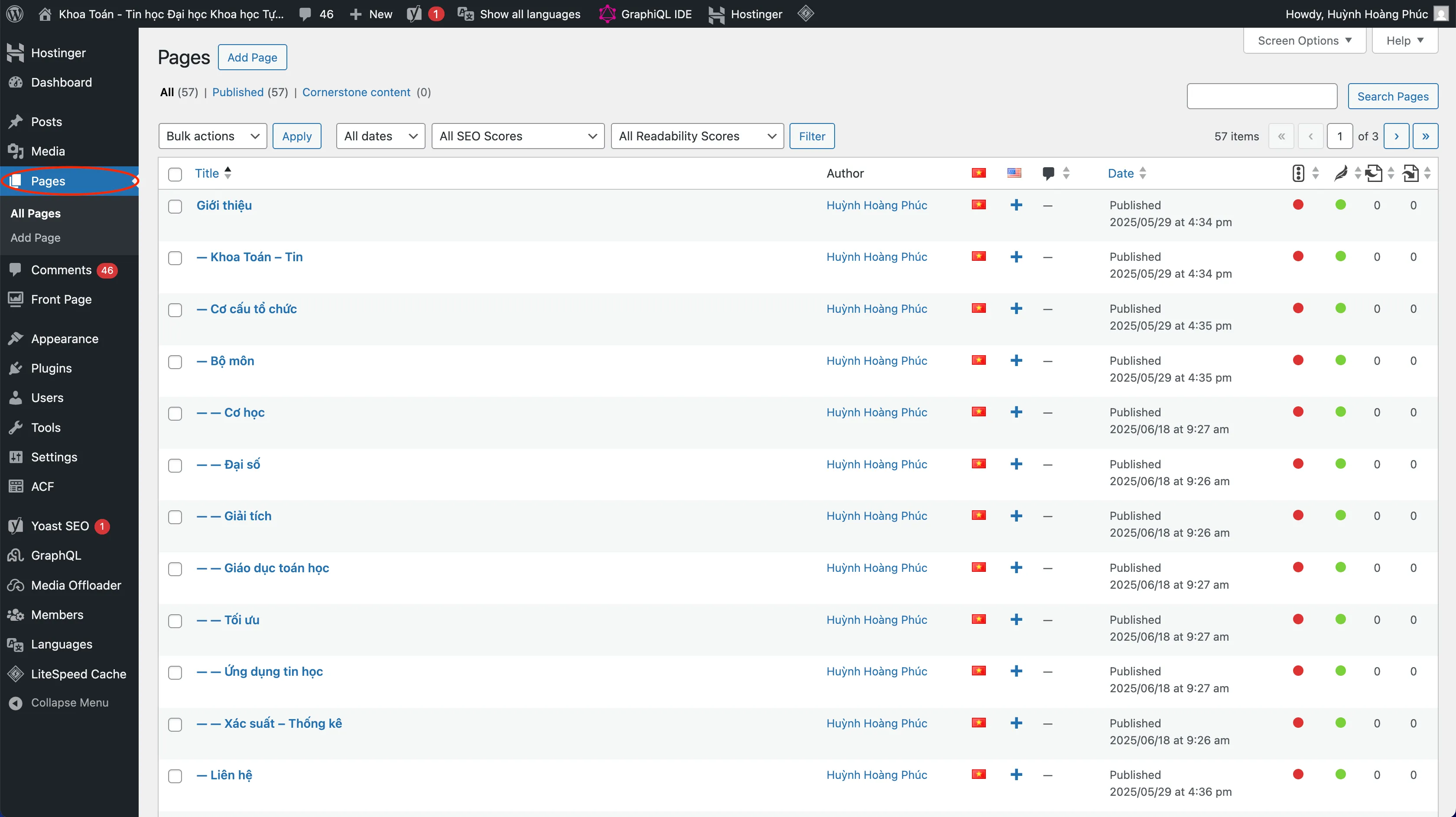 Giao diện quản lý trang thông tin